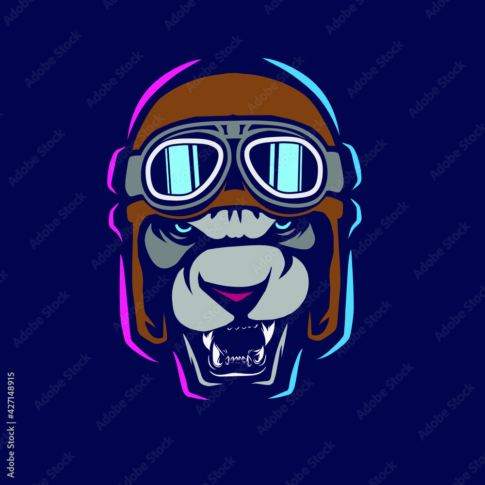 Funny funky aviator pilot lion Line. Pop Art logo. Colorful design with dark background. Abstract vector illustration. Funny funky aviator pilot lion Line. Pop Art logo. Colorful design with dark background. Abstract vector illustration.