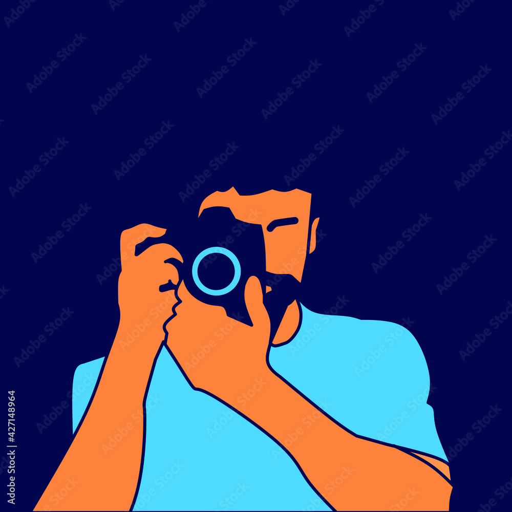 Male photographer takes a photo. Lne pop art portrait logo colorful design with dark background. Abstract vector illustration. Male photographer takes a photo. Lne pop art portrait logo colorful design with dark background. Abstract vector illustration.