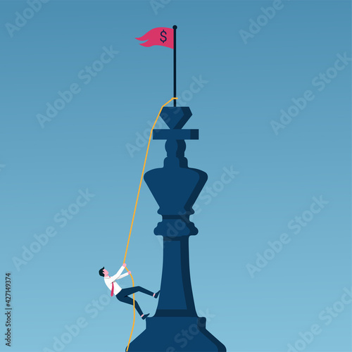 Business target and career growth concept. Businessman climbing a king chess on a rope to achieve success.