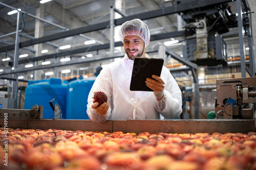 Technologist doing quality control of apple fruit production in food processing plant.
