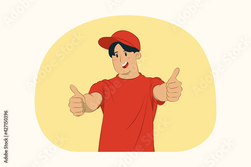 Delivery young man working as courier dealer showing thumb up concept