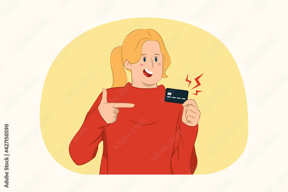 Young woman wearing casual sweater pointing index finger on credit card concept Young woman wearing casual sweater pointing index finger on credit card concept