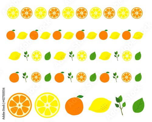レモンとオレンジのラインイラストセット