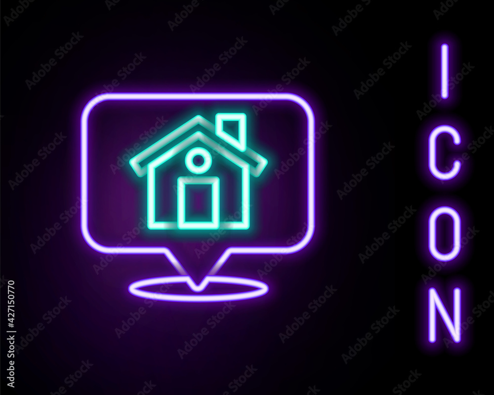 Glowing neon line Map pointer with house icon isolated on black background. Home location marker symbol. Colorful outline concept. Vector Glowing neon line Map pointer with house icon isolated on black background. Home location marker symbol. Colorful outline concept. Vector
