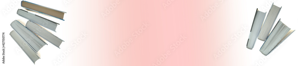 Book banner.Books set isolated on  pink background. Library and bookstore banner.Knowledge Day. Reading books and literature. Study and education concept. Book day holiday. Book fair banner