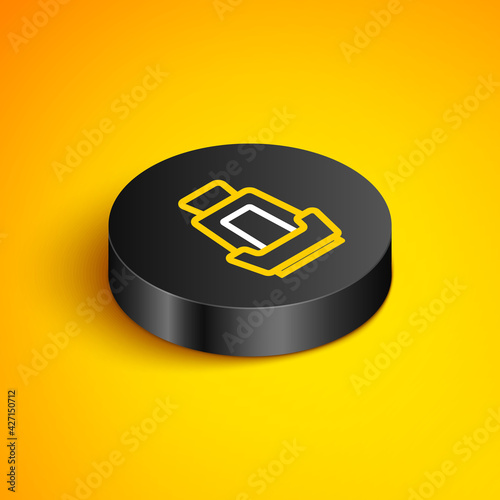 Isometric line Car seat icon isolated on yellow background. Car armchair. Black circle button. Vector