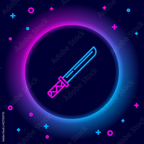 Glowing neon line Traditional Japanese katana icon isolated on black background. Japanese sword. Colorful outline concept. Vector