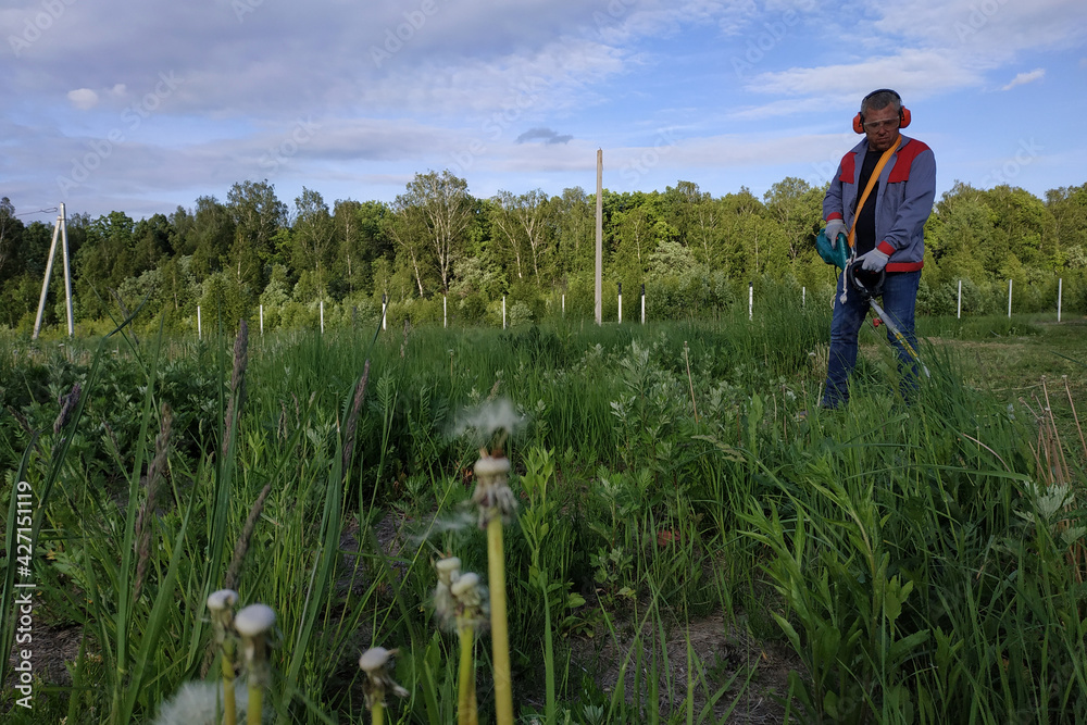 Man mows the grass with a trimmer, tall grass in a meadow, handmade in the garden.