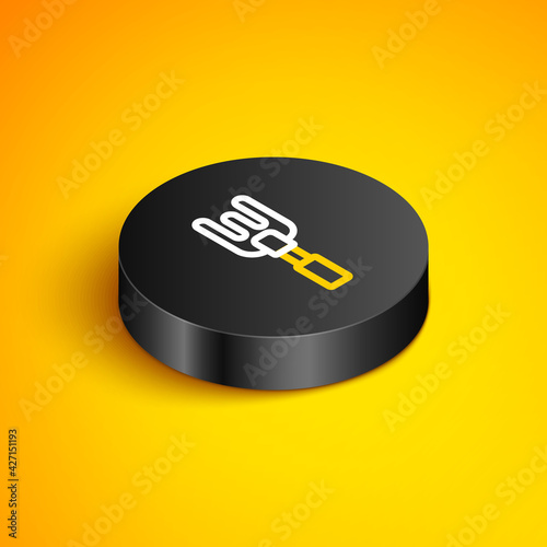 Isometric line Garden rake icon isolated on yellow background. Tool for horticulture, agriculture, farming. Ground cultivator. Housekeeping equipment. Black circle button. Vector