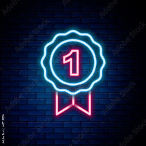 Glowing neon line Dog award symbol icon isolated on brick wall background. Medal with dog footprint as pets exhibition winner concept. Colorful outline concept. Vector