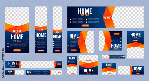 Set of Home for sale banner template with place for photos. Editable ads banner with standard size. Vector EPS
