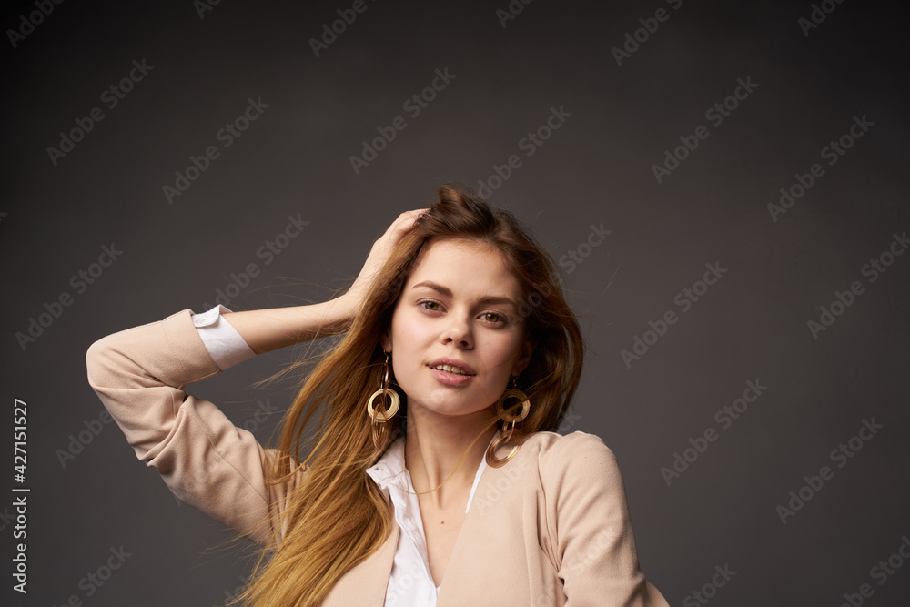 pretty woman touching hair attractive look decoration studio close-up