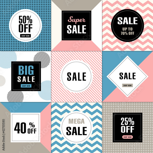 Super sale, 50 % off. Discount, banner. Pink, blue color