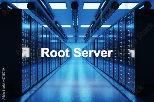 rootserver logo in large modern data center with multiple rows of network internet server racks, 3D Illustration photo