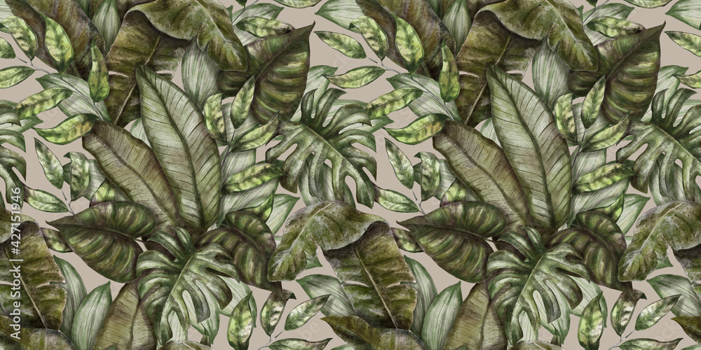 Fototapeta Seamless tropical pattern. Exotic background with palm leaves, monstera, colocasia, bananal leaves. Vintage watercolor hand drawing illustration. Suitable for fabric design, wrapping paper, wallpaper