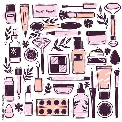 Hand drawn set of makeup beauty cosmetic elements, mascara, cream bottle, nail product, skin brush. Doodle sketch style. Illustration for makeup, beauty salon, cosmetic store icon, background design.
