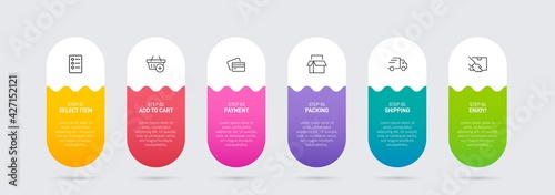 Concept of shopping process with 6 successive steps. Six colorful graphic elements. Timeline design for brochure, presentation, web site. Infographic design layout.