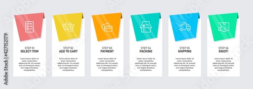Concept of shopping process with 6 successive steps. Six colorful graphic elements. Timeline design for brochure, presentation, web site. Infographic design layout.