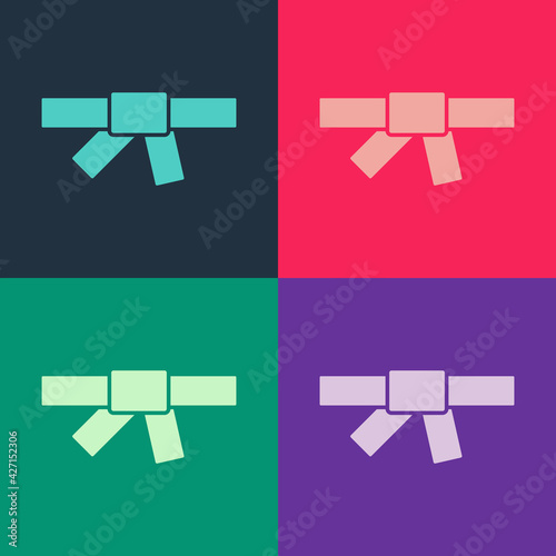 Pop art Black karate belt icon isolated on color background. Vector