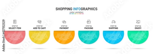 Concept of shopping process with 6 successive steps. Six colorful graphic elements. Timeline design for brochure, presentation, web site. Infographic design layout.