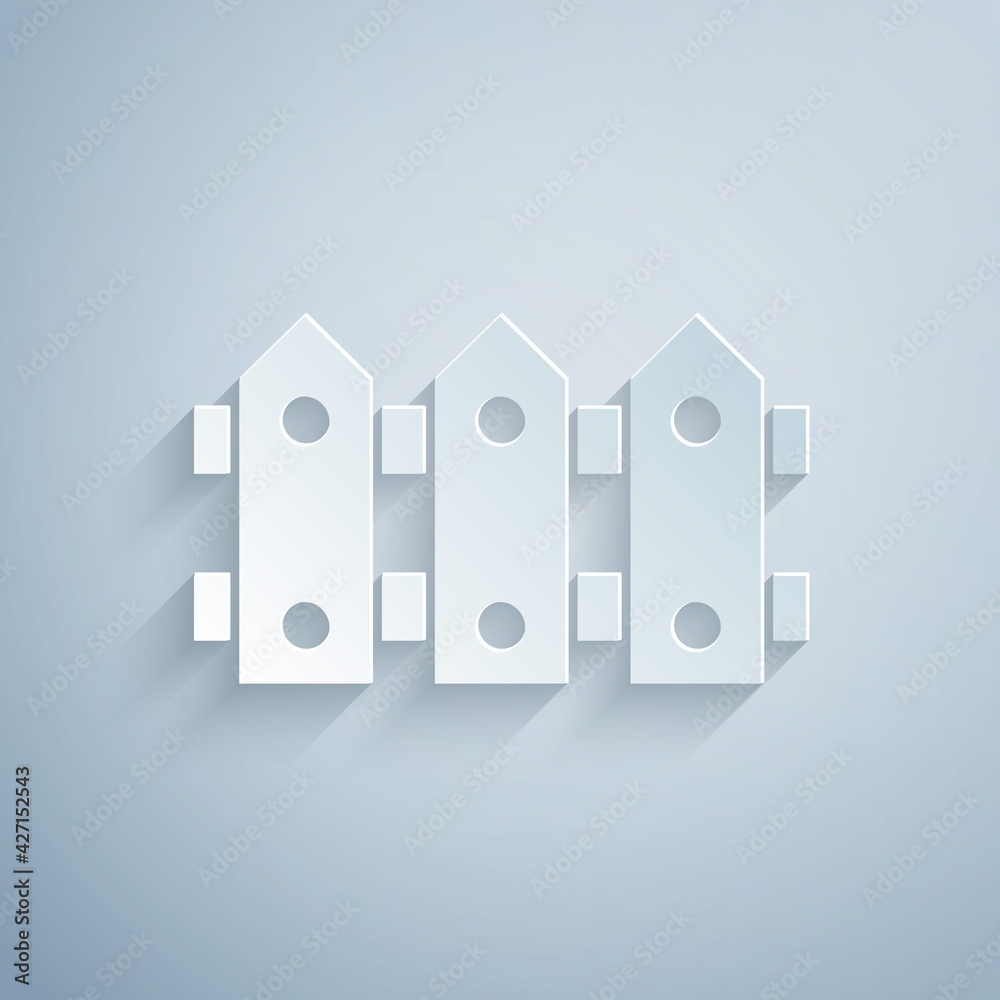 Paper cut Garden fence wooden icon isolated on grey background. Paper art style. Vector Paper cut Garden fence wooden icon isolated on grey background. Paper art style. Vector