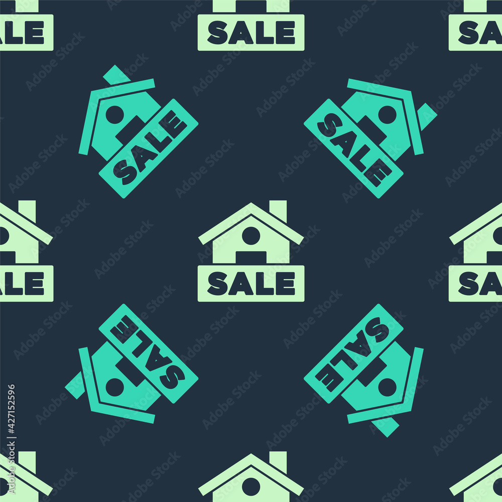 Fototapeta premium Green and beige Hanging sign with text Sale icon isolated seamless pattern on blue background. Signboard with text Sale. Vector