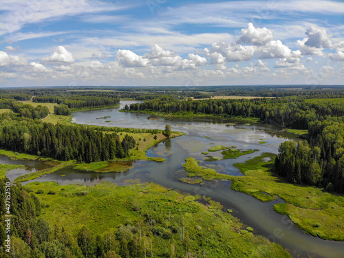 Aerial view of the pond into which the Ryabovka and Kordyaga rivers flow (Ryabovo, Kirov region, Russia)
