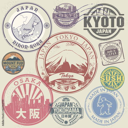 Travel stamps or adventure symbols set, Japan theme
