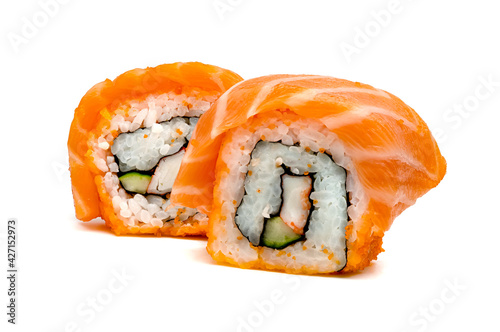 rolled sushi salmon nigiri isolated on white background, Japanese food