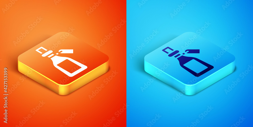 Isometric Essential oil bottle icon isolated on orange and blue background. Organic aromatherapy essence. Skin care serum glass drop package. Vector Isometric Essential oil bottle icon isolated on orange and blue background. Organic aromatherapy essence. Skin care serum glass drop package. Vector