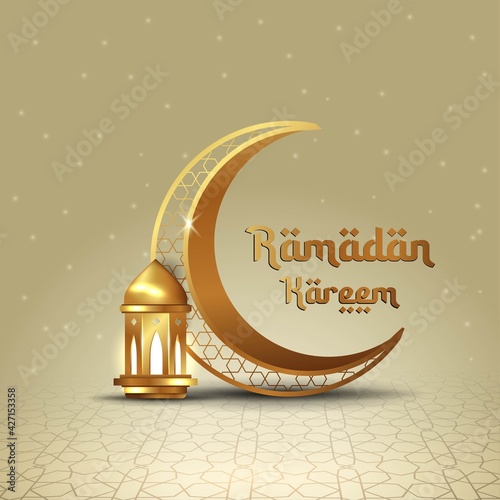 Ramadan Kareem islamic design crescent moon and  lantern with arabic pattern and calligraphy