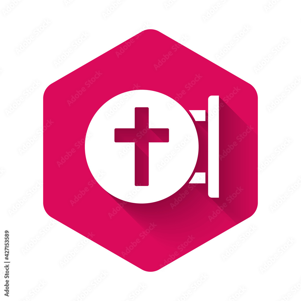 White Christian cross icon isolated with long shadow background. Church cross. Pink hexagon button. Vector White Christian cross icon isolated with long shadow background. Church cross. Pink hexagon button. Vector