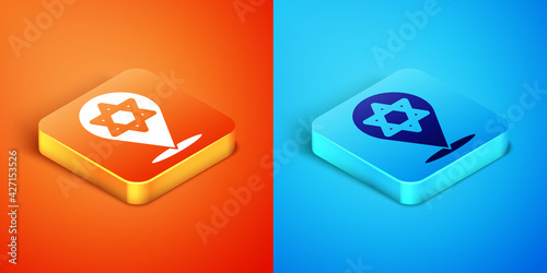 Isometric Star of David icon isolated on orange and blue background. Jewish religion symbol. Symbol of Israel. Vector