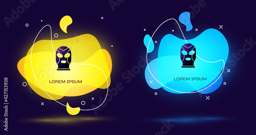 Black Mexican wrestler icon isolated on black background. Abstract banner with liquid shapes. Vector