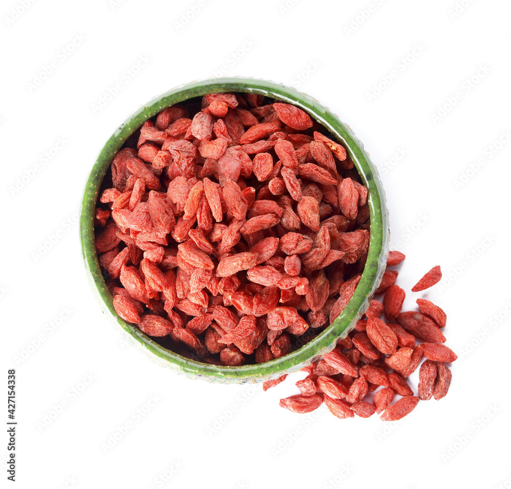 Bowl with dried goji berries on white background Bowl with dried goji berries on white background