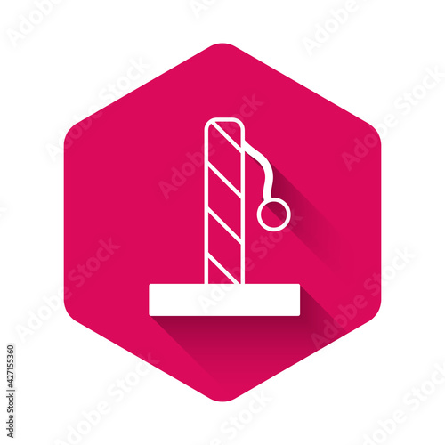 White Cat scratching post with toy icon isolated with long shadow background. Pink hexagon button. Vector