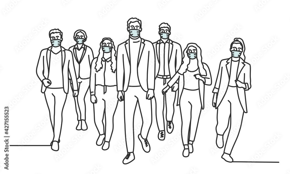 Group of people in protective masks are walking forward. Group of people in protective masks are walking forward.