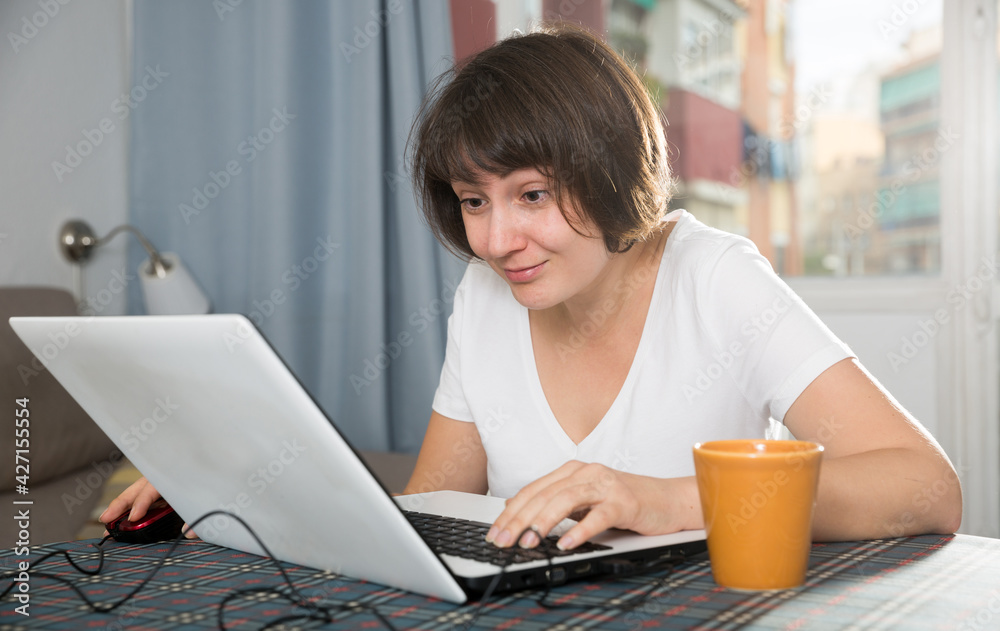 Fototapeta premium Cheerful woman relaxation at home and using her laptop