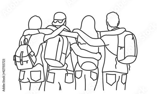 Best friends hugging with backpacks on their shoulders. Back view.