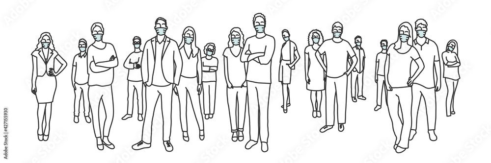 Crowd of people wearing protective masks. Crowd of people wearing protective masks.