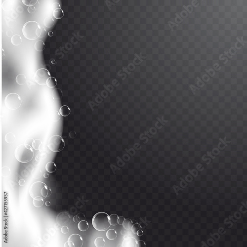 Realistic background with Soap foam. Bath laundry white bubbles, shampoo soap clean bubbling shiny washing hygiene detergent vector. Checkered transparent background