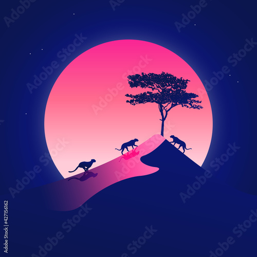 Landscape background with desert at night  cheetah  moon  and tree