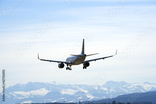 Airplane landing at Zurich airport. Photo taken March 28th, 2021, Kloten, Zurich.