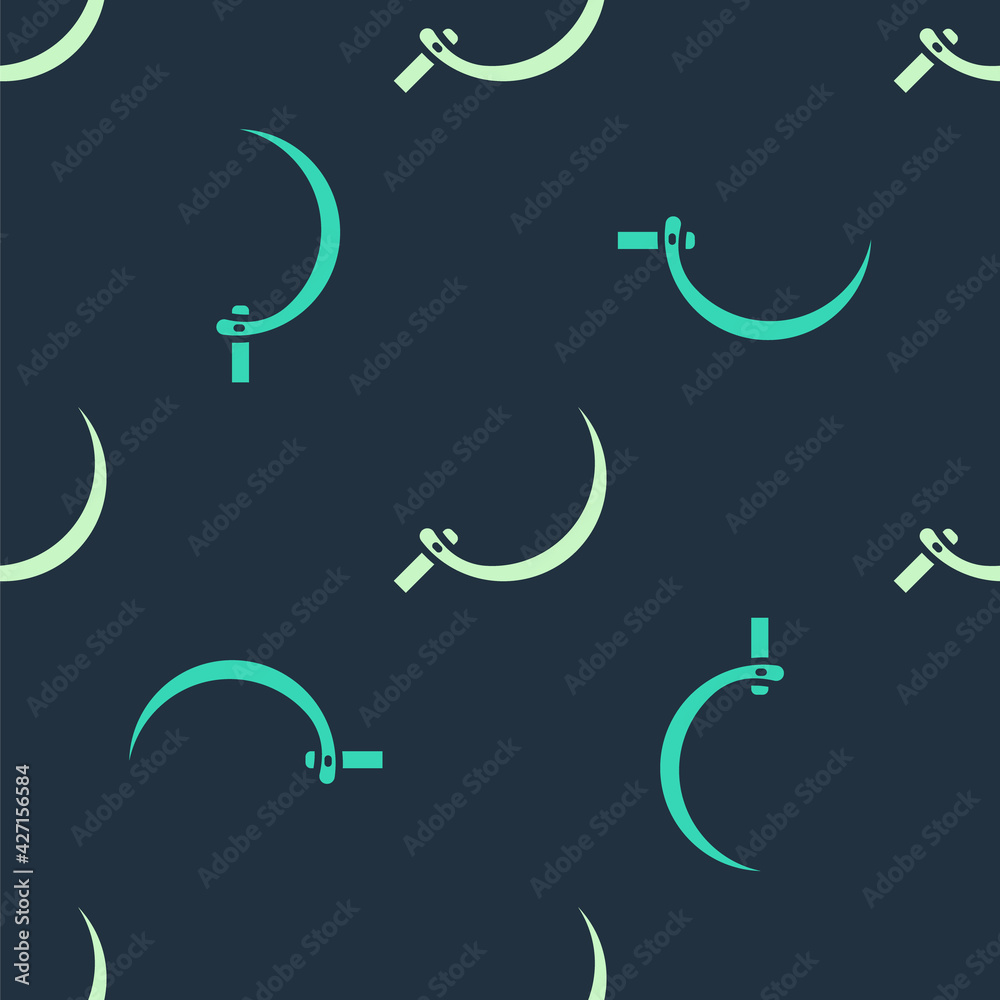 Green and beige Sickle icon isolated seamless pattern on blue background. Reaping hook sign. Vector Green and beige Sickle icon isolated seamless pattern on blue background. Reaping hook sign. Vector