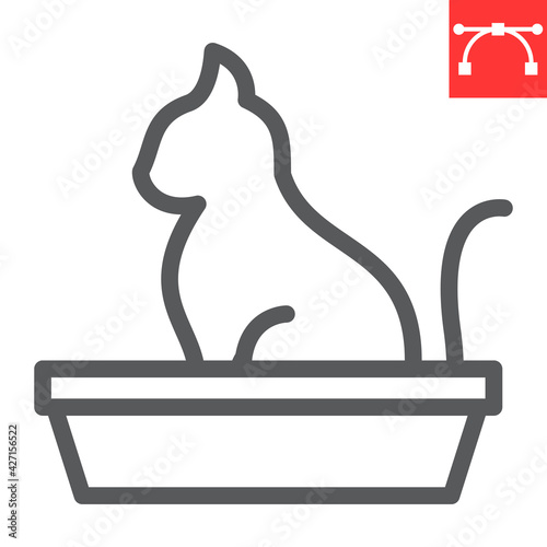 Cat in pet tray line icon, pet shop and sandbox, cat tray vector icon, vector graphics, editable stroke outline sign, eps 10.
