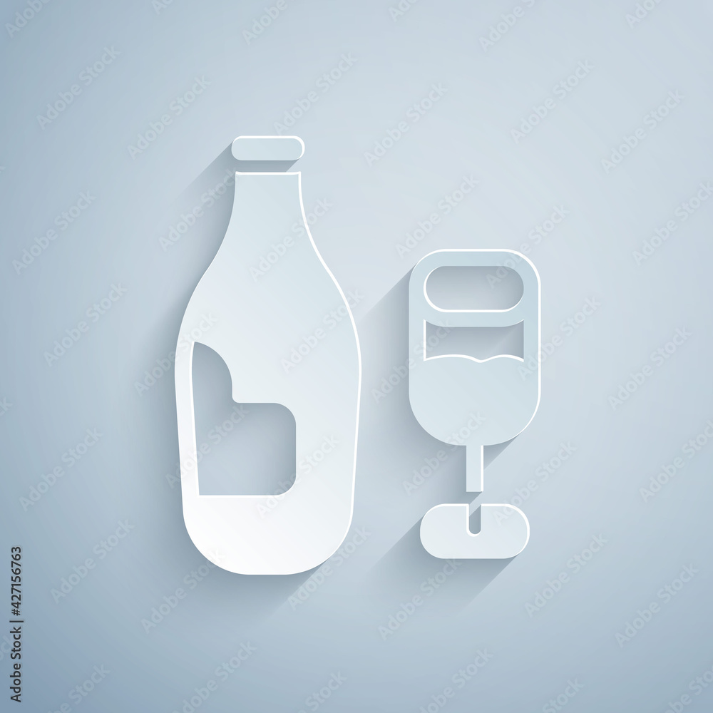 Paper cut Wine bottle with glass icon isolated on grey background. Paper art style. Vector Paper cut Wine bottle with glass icon isolated on grey background. Paper art style. Vector