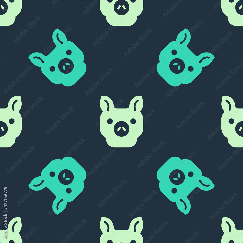Green and beige Pig icon isolated seamless pattern on blue background. Animal symbol. Vector