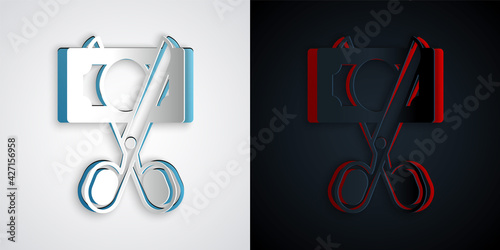 Paper cut Scissors cutting money icon isolated on grey and black background. Price, cost reduction or price reduction icon concept. Paper art style. Vector