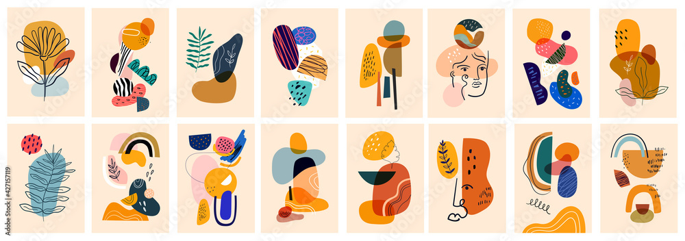 Decorative abstract collection with abstract shapes colourful doodles. Hand-drawn modern posters