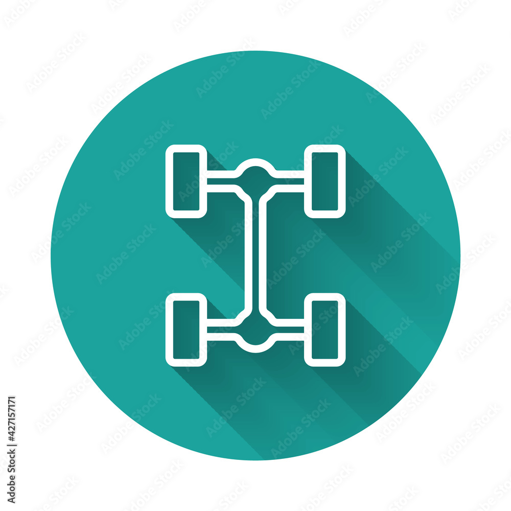 White line Chassis car icon isolated with long shadow background. Green circle button. Vector White line Chassis car icon isolated with long shadow background. Green circle button. Vector